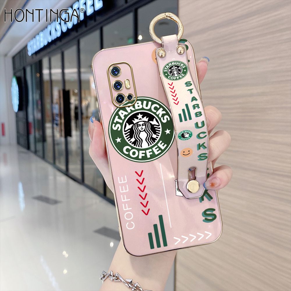Hontinga for Vivo V17 / V19 Neo Back Cover With Wristband Luxury 6D Plating Coffee Sign Case Soft Silicone Square Phone Cases