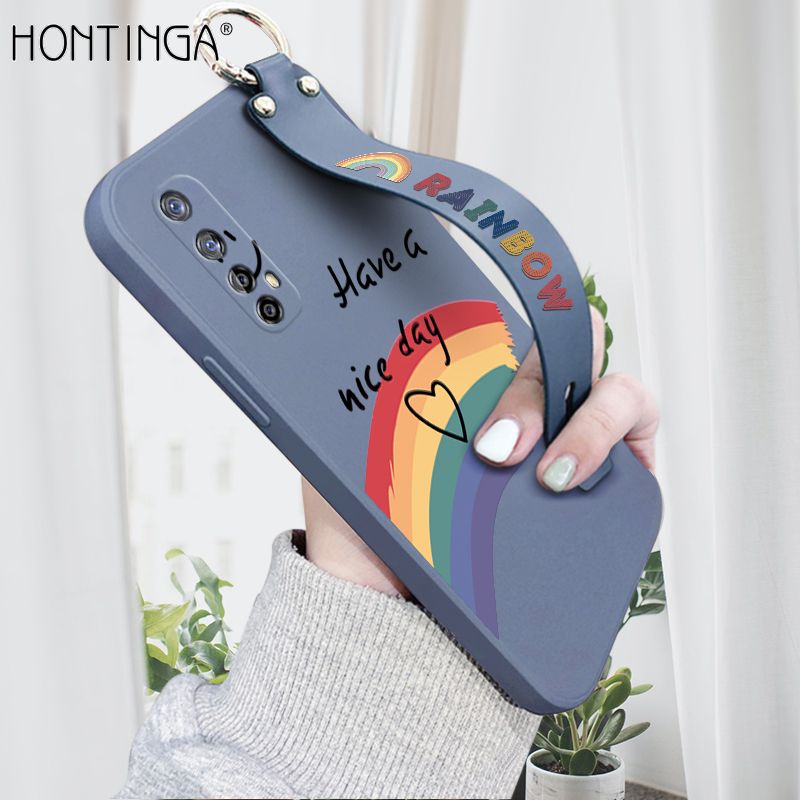 Hontinga for Realme 7 / Narzo 20 Pro Wrist Strap Case Lovely Graffiti Rainbow Smile Thin Phone Cover Square Edge Liquid Silicone Creativity Phone Case