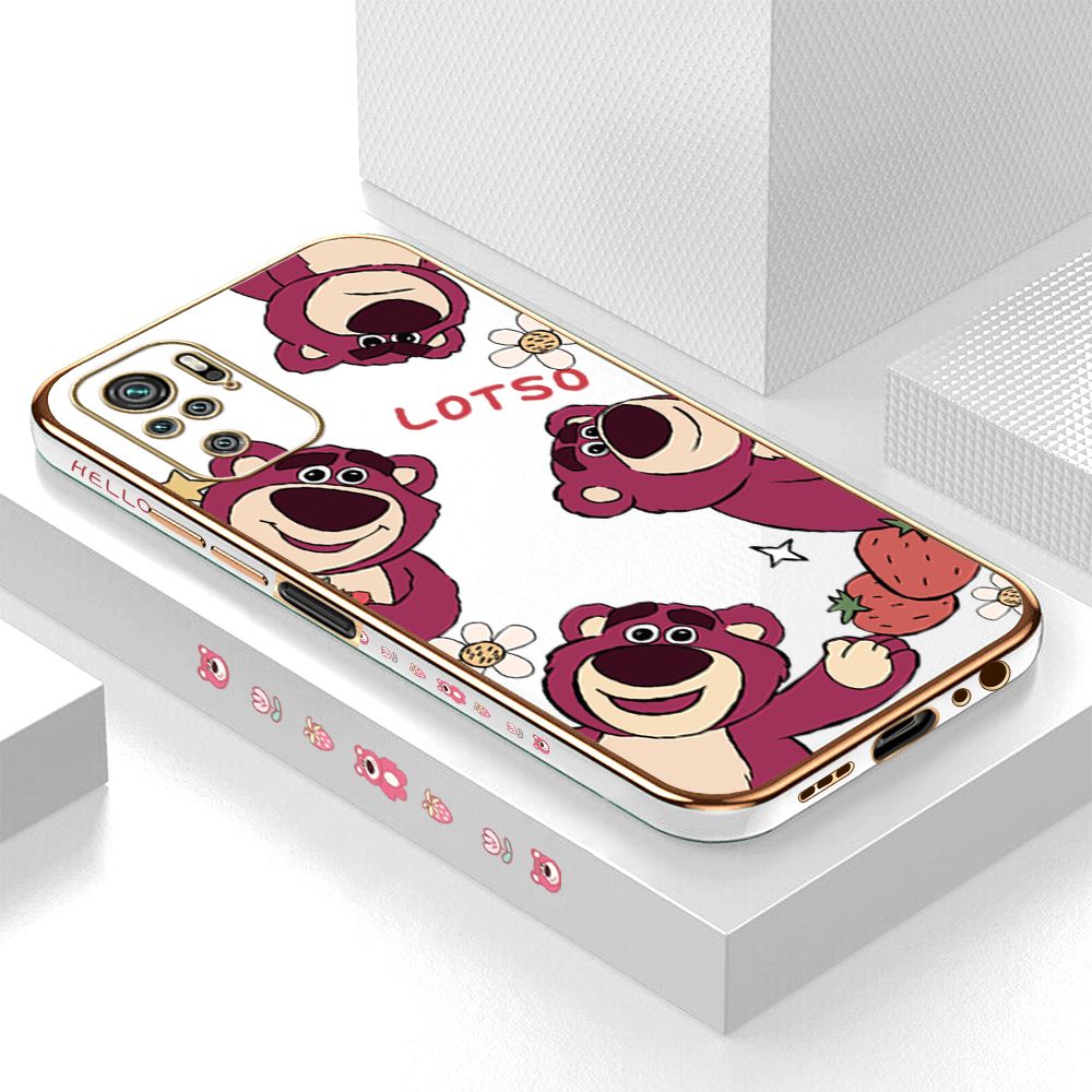 ZeroQiQi for Redmi Note 10 4G Note 10S Back Cover Cute Bear Luxury 6D Plating Case Side Pattern Soft Silicone Square Phone Cases + Free Lanyard