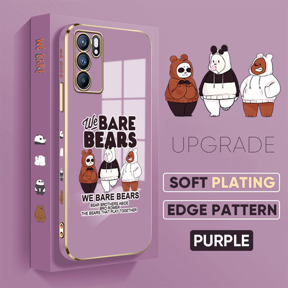 TA for OPPO Reno6 5G Back Cover + Free Lanyard Cute Three Bears Luxury 6D Plating Case Side Pattern Soft Silicone Square Phone Cases