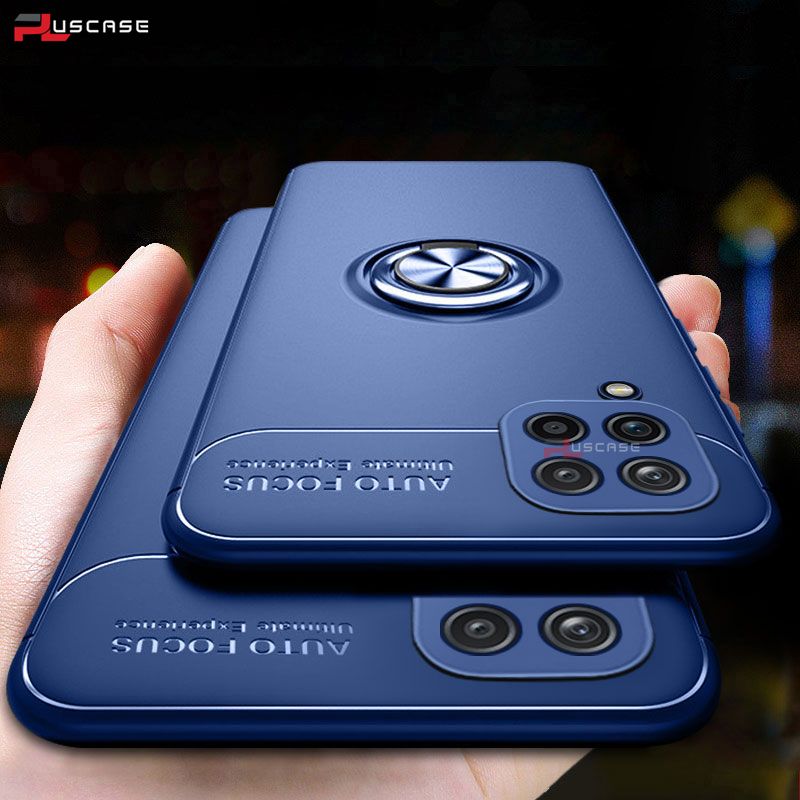 PlusCase for Samsung Galaxy A12 Soft Silicone Case Metal Ring Stand Shockproof Slim Matte Back Cover