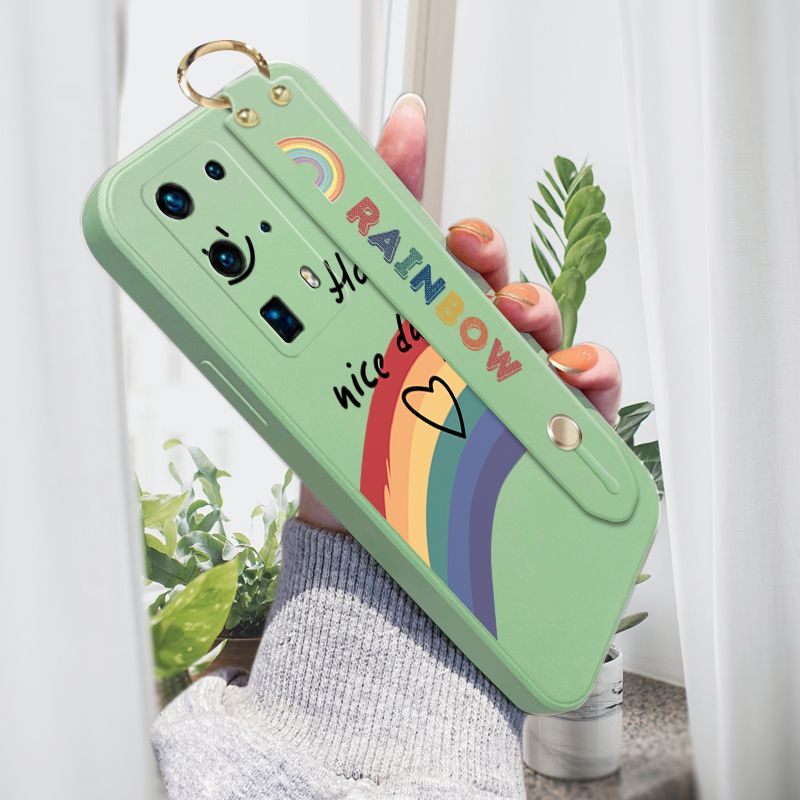 Jizetin for Huawei P40 Pro Plus Wrist Strap Case INS Style Smile Rainbow Cover Ultra Thin Anti Fall Liquid Silicone Phone Case