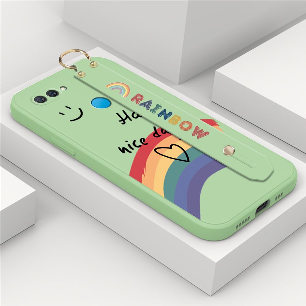 ZeroQiQi for OPPO A12 Wrist Strap Case Lovely Graffiti Rainbow Smile Thin Phone Cover Square Edge Liquid Silicone Creativity Phone Case