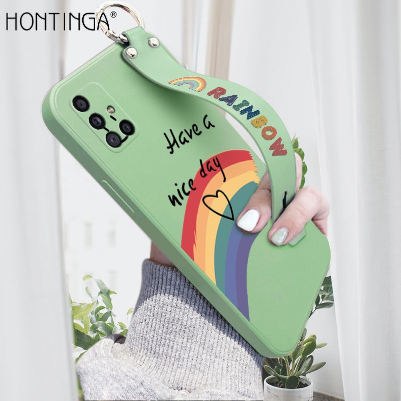 Hontinga for Samsung Galaxy A51 Wrist Strap Case Lovely Graffiti Rainbow Smile Thin Phone Cover Square Edge Liquid Silicone Creativity Phone Case