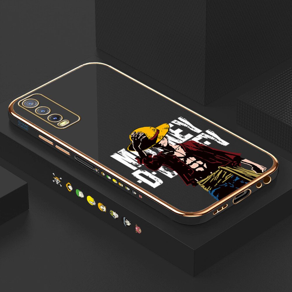 Luxury 6D Plating Case for Vivo Y20i Anime Cartoon Cool Luffy Side Pattern Back Cover Soft Silicone Square Frame Shiny Bling Phone Cases + Free Lanyard