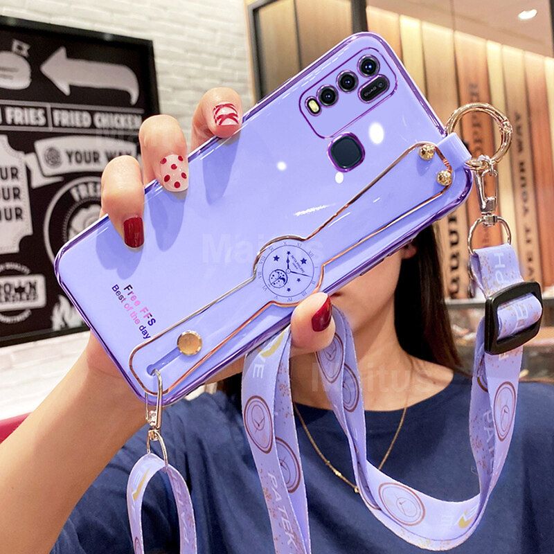 For Vivo Y50 Cover with [Lanyard + Wrist Strap Stand Holder] Ultra Thin Plating Bumper Phone Case Camera Lens Protection Soft TPU Silicone Shockproof Protective Back Cover