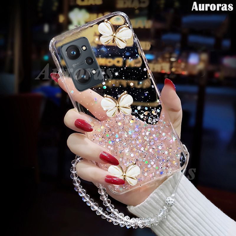 Case For Realme 9i Shiny Ring Back Cover Glitter Soft Transparent Butterfly Cases for Realme 9i Case + Free Crystal Chain