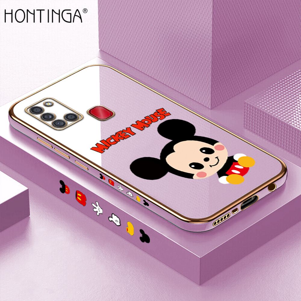 Hontinga for Samsung A21S Back Cover + Free Lanyard Luxury 6D Plating Cute Cartoon Mouse Side Pattern Case Soft Silicone Square Mobile Cover
