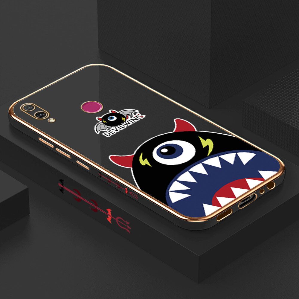 Luxury 6D Plating Case for Huawei Y9 2019 Cartoon One-eyed Devil Wing Side Pattern Back Cover Soft Silicone Square Frame Shiny Bling Phone Cases + Free Lanyard
