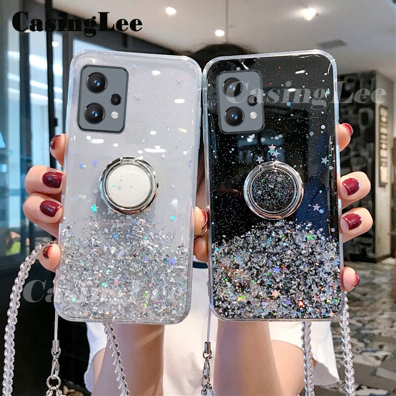 Casinglee for Realme 9 Pro case Shiny Ring Glitter Soft Transparent Holder Stand Back cover with String for Realme9 Pro Phone cases cover Stars Moon GirlsFor girls and Boys