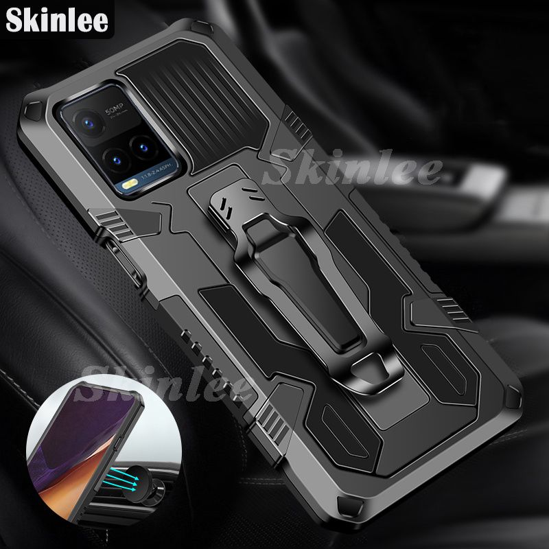 Skinlee Shockproof Armor Stand Phone Case for Vivo Y33S with Metal Clip Cover Cases for Vivo Y33S Car Magnet Phone Back Cover