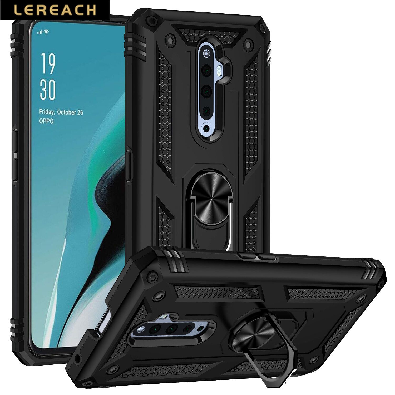 Lereach For OPPO Reno2 z Mobile Phone Case TUP+PC Hard Ring Car Ring Bracket Shockproof Back Cover