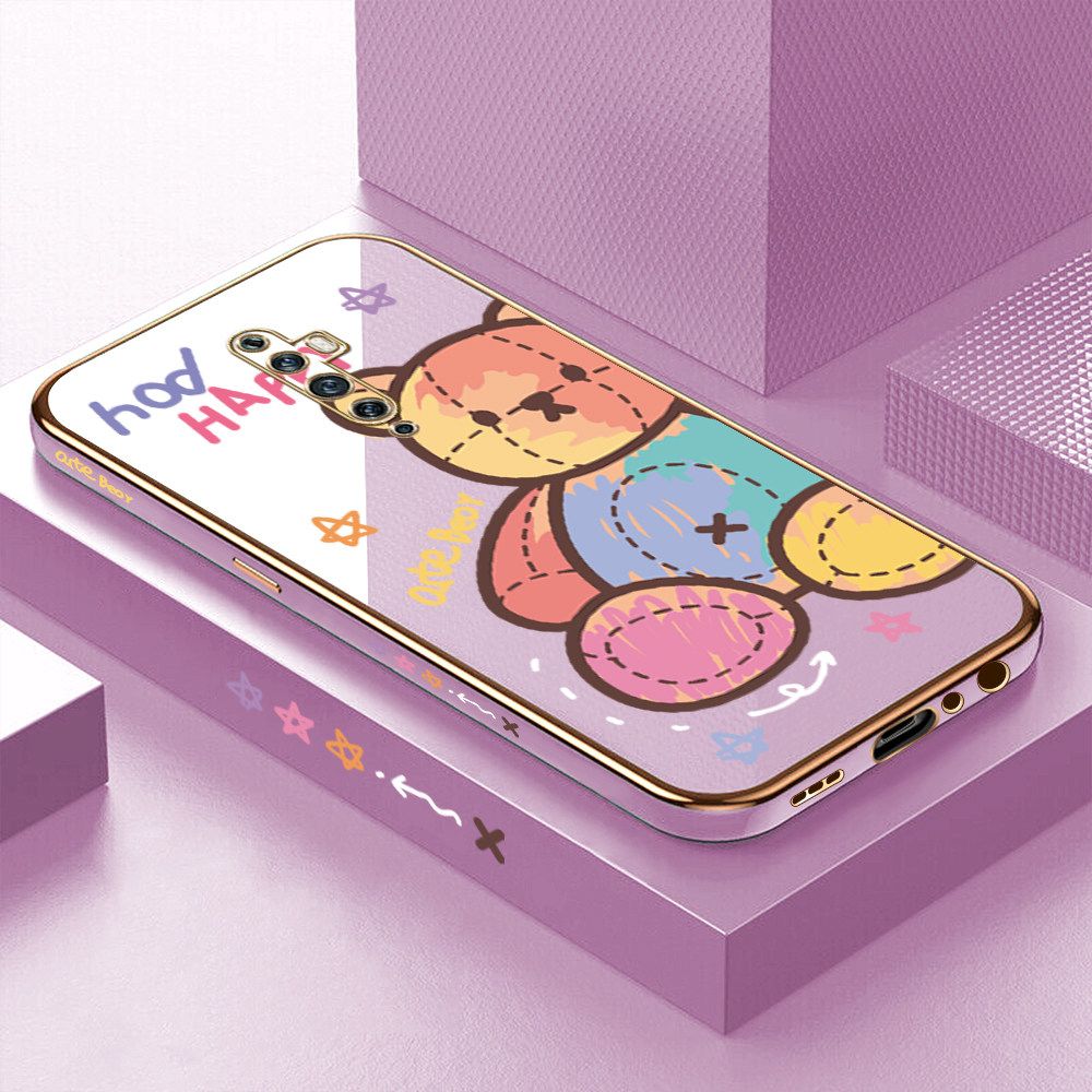 Luxury 6D Plating Case for OPPO Reno2 F Color Cartoon Doll Bear Side Pattern Back Cover Soft Silicone Square Frame Shiny Bling Phone Cases + Free Lanyard
