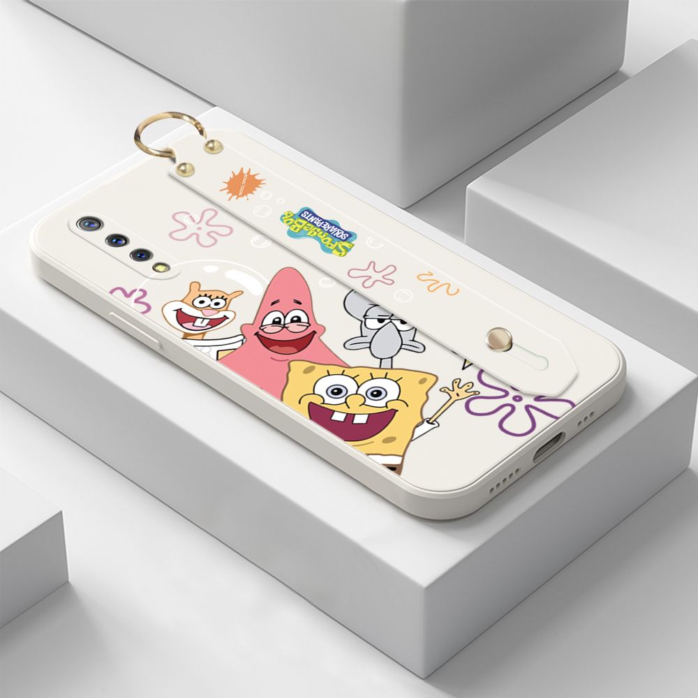 ZeroQiQi for Vivo S1 Wrist Strap Case Cute Cute Funny Cartoon Sponge for Square Pants Cover Square Edge Liquid Silicone Anti-drop Phone Case