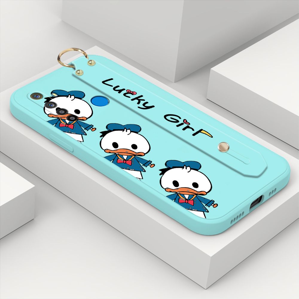 ZeroQiQi for Realme 5i Wrist Strap Case Cute Cartoon Little Duck Phone Case Square Edge Liquid Silicone Case Full Cover Camera Shockproof Protective Cases