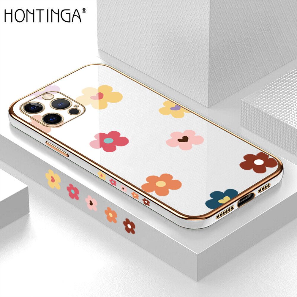 Hontinga for iPhone 12 Pro Max Back Cover + Free Lanyard Luxury 6D Plating Falling Flower Side Pattern Case Soft Silicone Square Mobile Cover