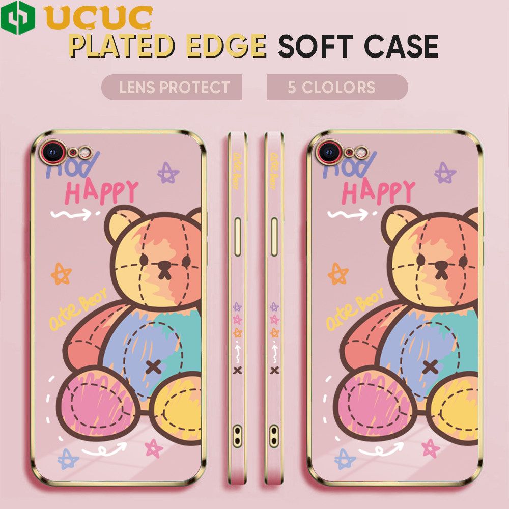 UCUC for iPhone SE 2020 / 7 / 8 / SE 2022 Back Cover + Free Lanyard Colorful Muppet Bear Luxury 6D Plating Case Side Pattern Soft Silicone Square Phone Cases
