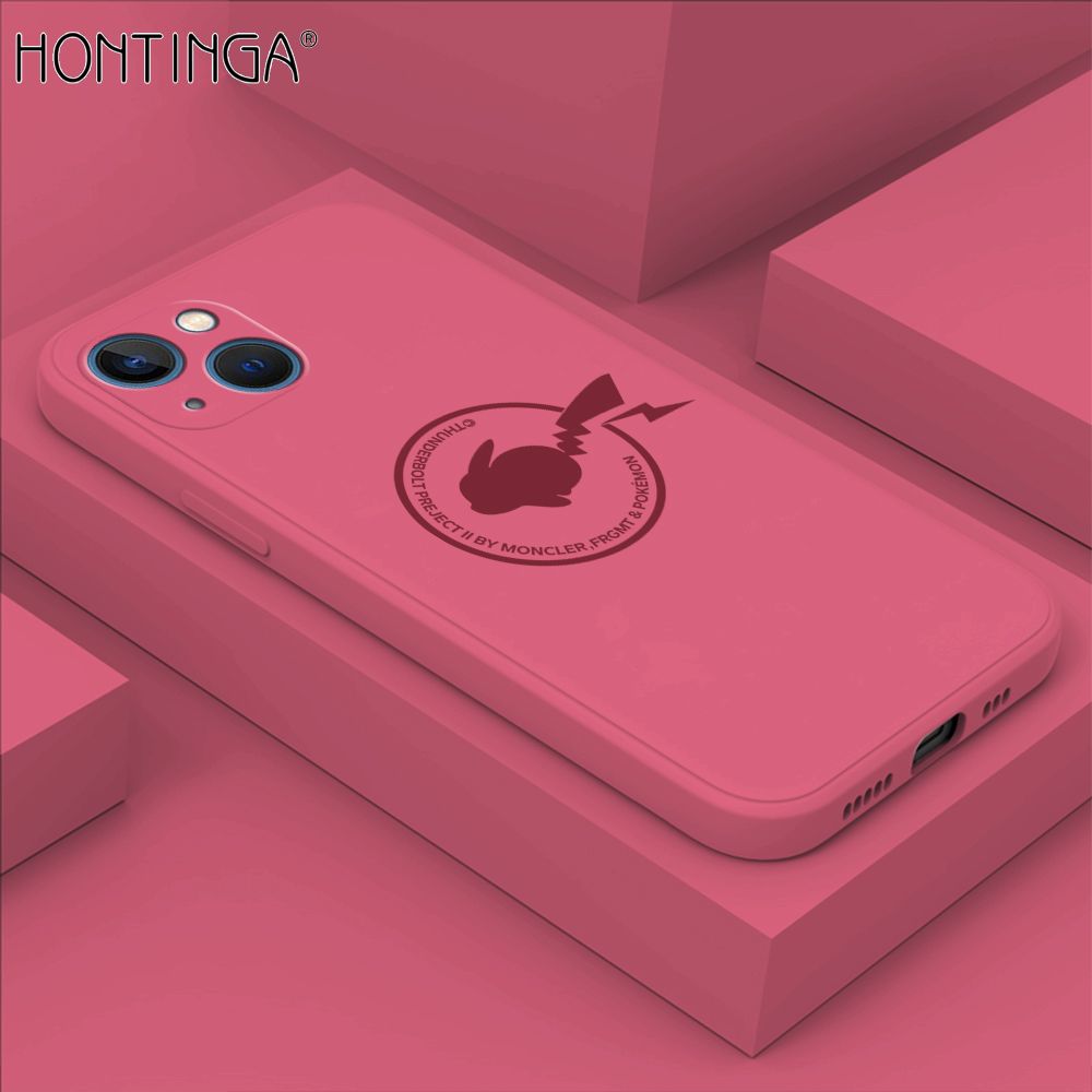 Hontinga for iPhone 13 Mini Case Cartoon Pikachu Pokemon Phone Case Liquid Silicone Casing Full Cover Camera Shockproof Protective Case