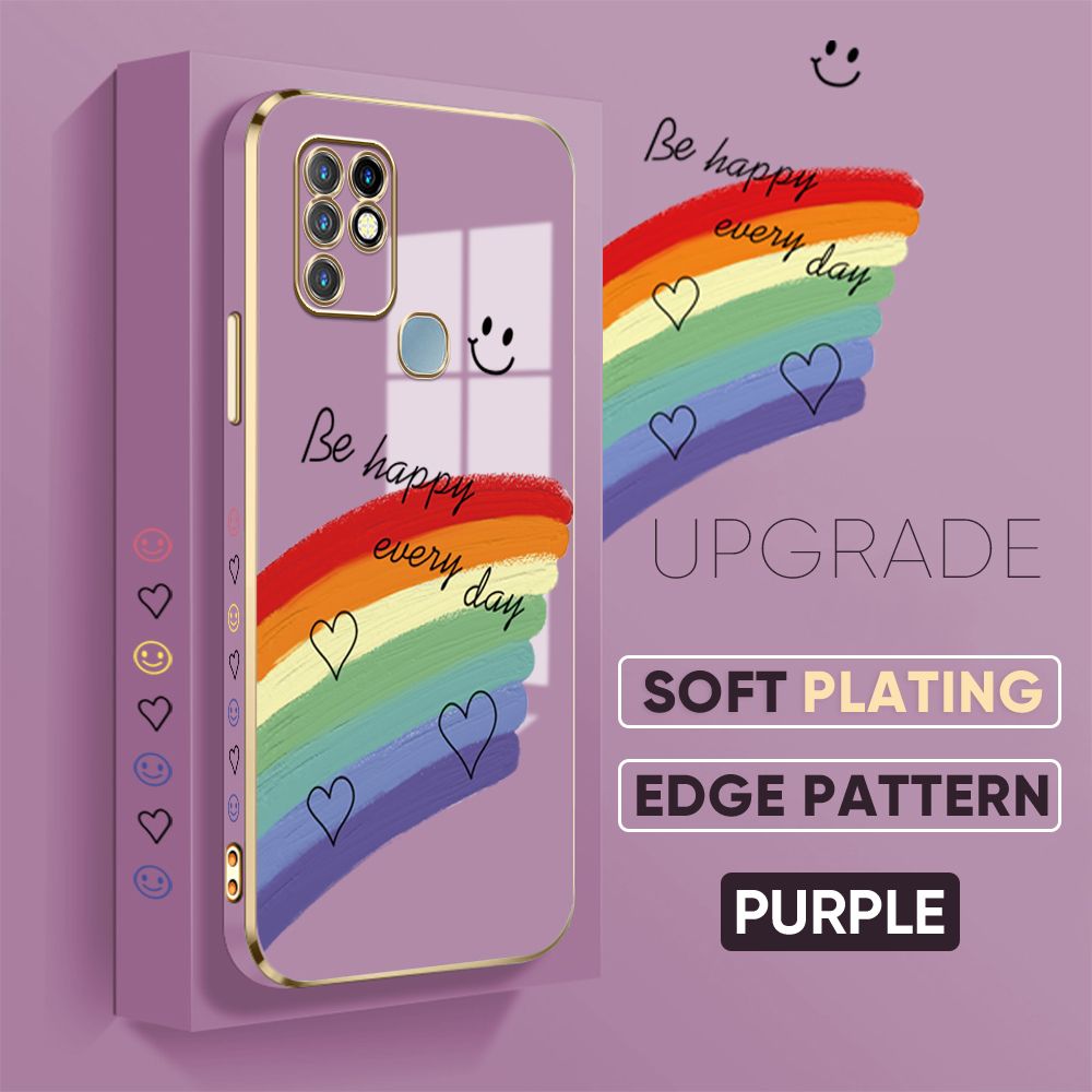 Jizetin (Free Lanyard) Infinix Hot 10 Back Cover Rainbow Luxury 6D Plating Case Side Pattern Soft Silicone Square Phone Cases