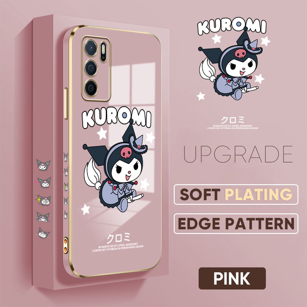 Jizetin (Free Lanyard) OPPO A16 Cover Cute Kuromi Luxury 6D Plating Soft Casing Silicone Square Frame Phone Case Shiny Bling Back Cover