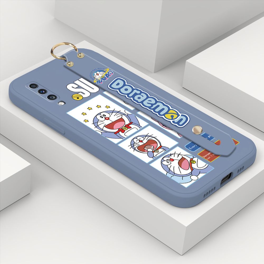 Hontinga for Samsung Galaxy A70S Wrist Strap Case Cute Cute Cartoon Blue Cat Daily Life Cover Square Edge Liquid Silicone Creative Phone Protective Cases