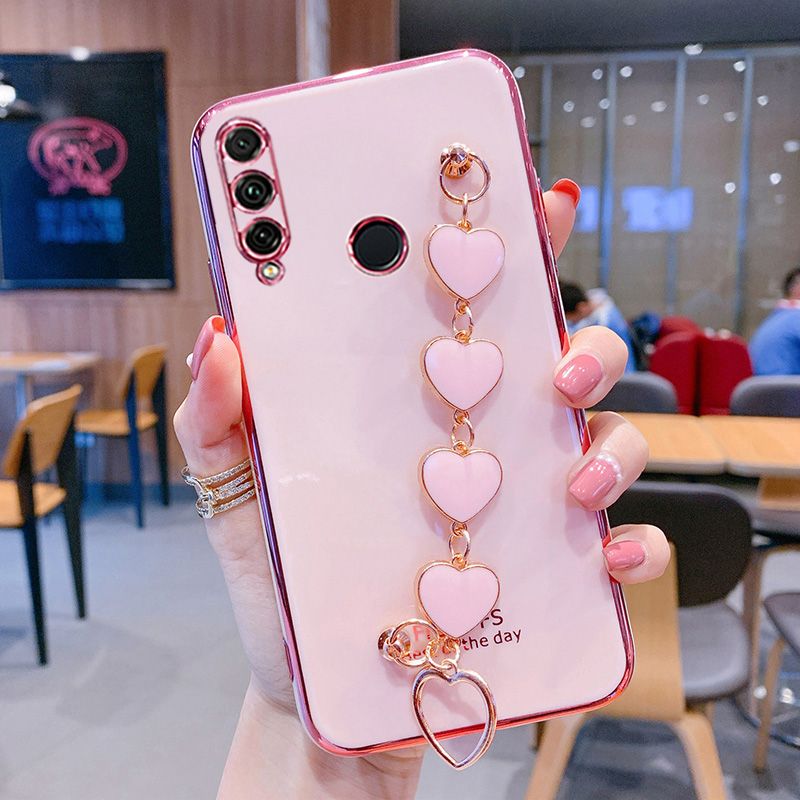 For Huawei Y6P Cover, with Luxury Love Heart Bracelet Fashion Plating Soft Phone Cover Case Pretty Girls Woman Cases Soft Silicone Bumper Shockproof Protection Back Cover