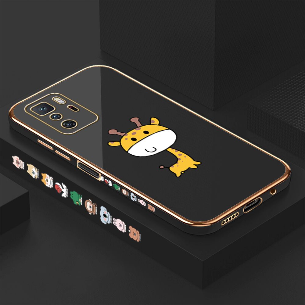 Luxury 6D Plating Case for Xiaomi Poco X3 GT Color Cute Giraffe Side Pattern Back Cover Soft Silicone Square Frame Shiny Bling Phone Cases + Free Lanyard
