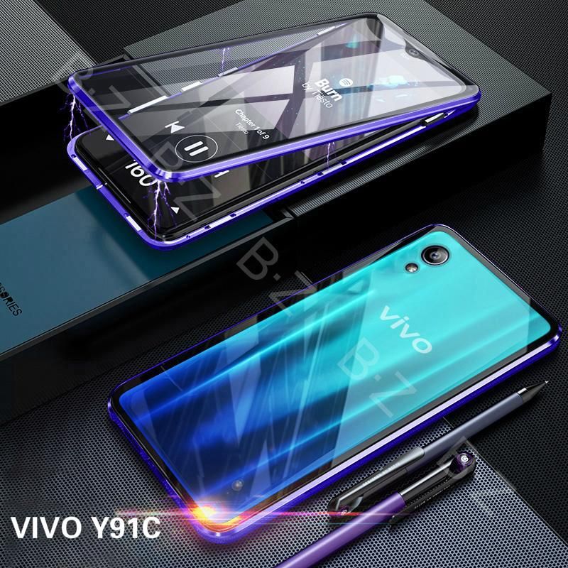 For VIVO Y91C Magnetic Case 360 Front+Back Double-sided 9H Tempered Glass Case For VIVO Y91C Metal Bumper Case