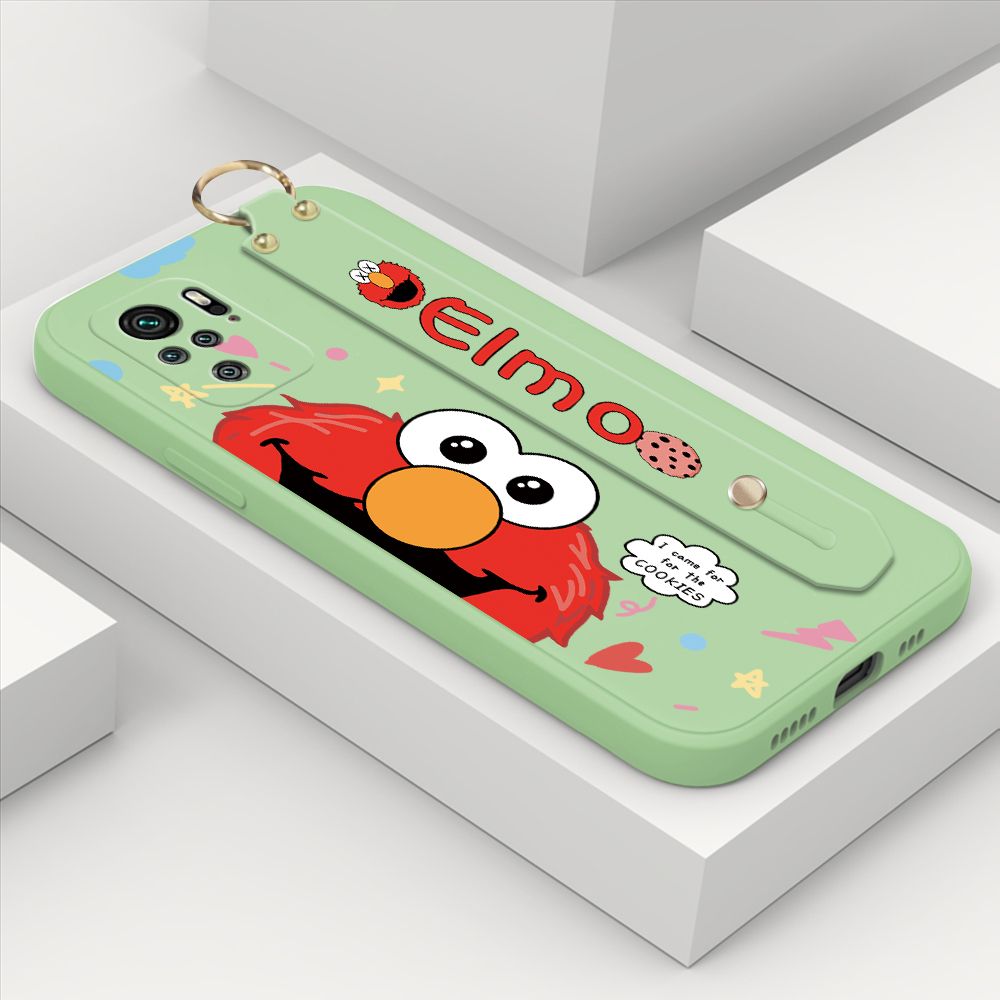 ZeroQiQi for Xiaomi Redmi Note 10S Wrist Strap Case Cute Cute Cartoon Little Monster Phone Cover Square Edge Liquid Silicone Case Full Cover Camera Shockproof Protective Cases