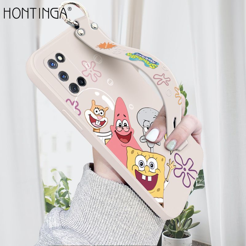 Hontinga for OPPO A52 A92 Wrist Strap Case Cute Cute Funny Cartoon Sponge for Square Pants Cover Square Edge Liquid Silicone Anti-drop Phone Case