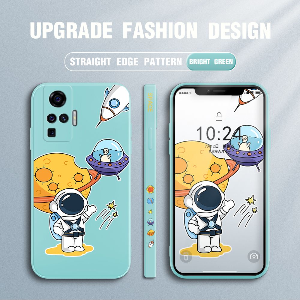 Jizetin for Vivo X50 Pro 5G Case Side Design Phone Cover Moon Space Astronaut Cover Square Edge Pattern Liquid Silicone Trend Case