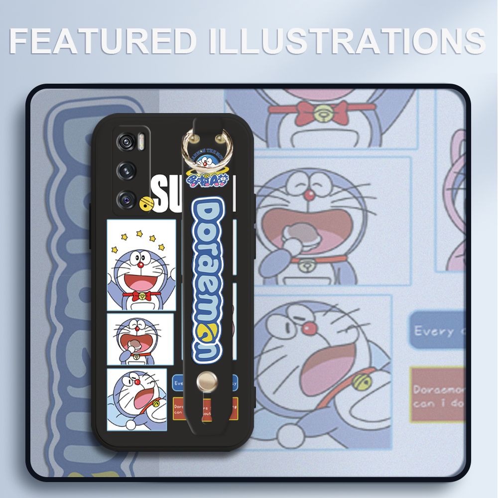 UCUC for Vivo V20 SE Wrist Strap Case Creative Cartoon Doraemon's Daily Life Cover Ultra Thin Anti Fall Liquid Silicone Phone Case