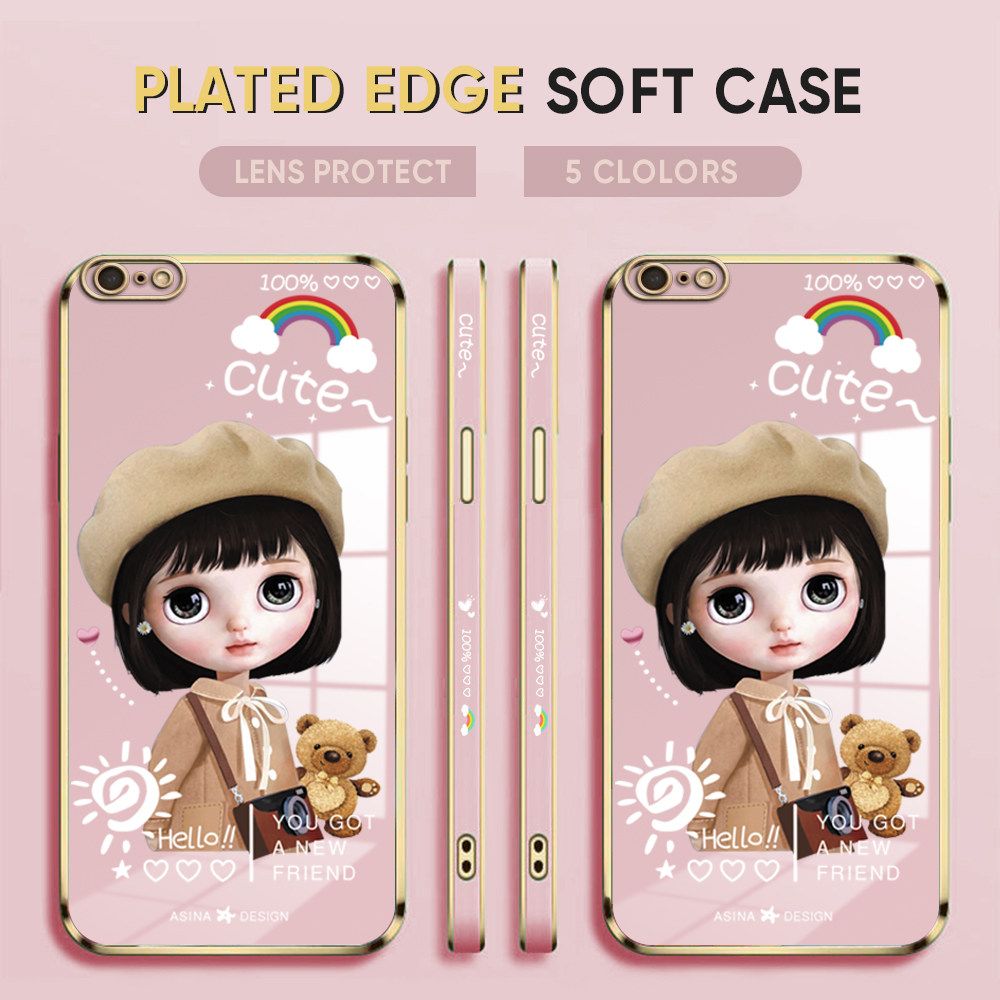 Luxury 6D Plating Case for iPhone 6S Plus Phone Cases Satchel Girl Side Print Soft Silicone Square Back Cover