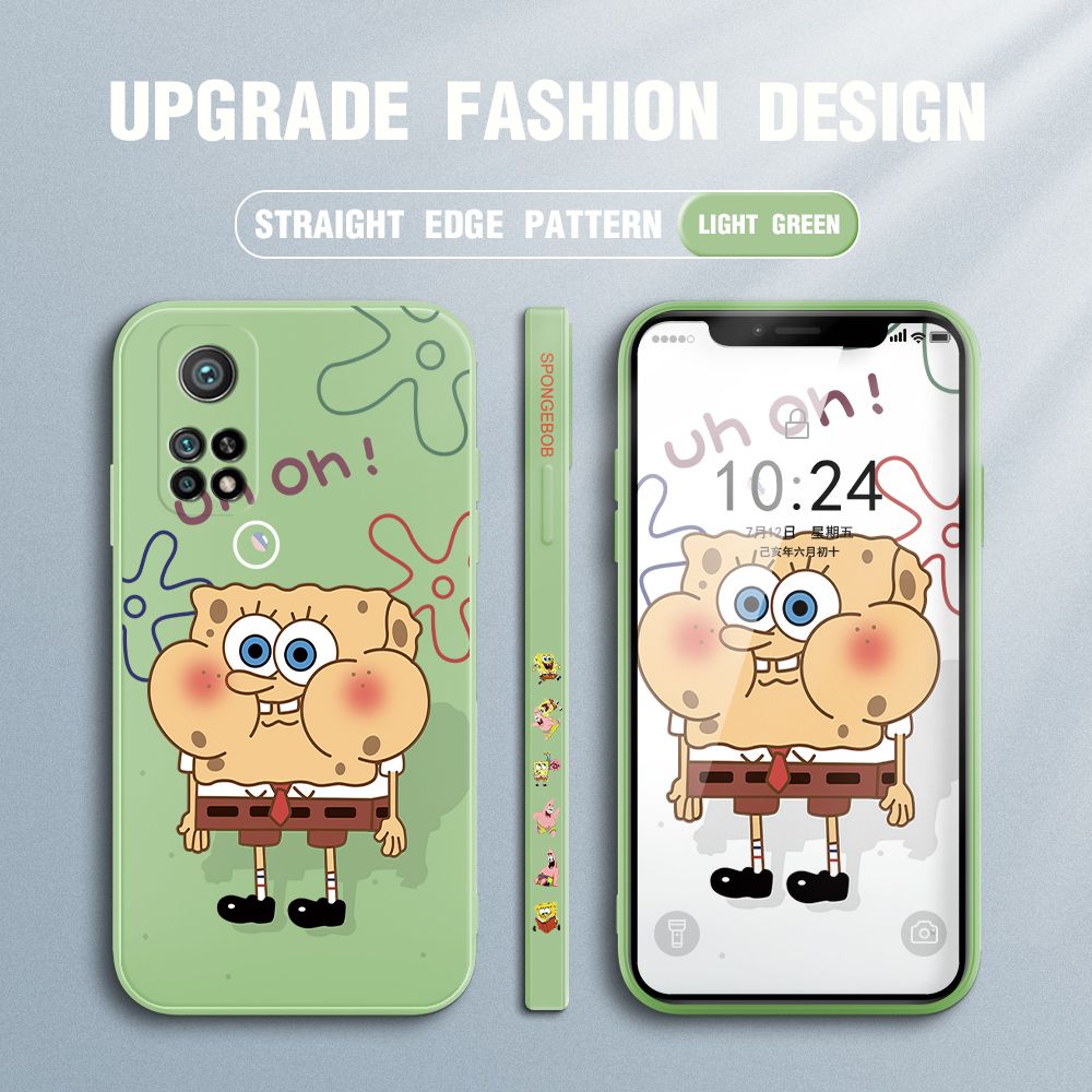 Jizetin for Xiaomi Mi 10T / 10T Pro Case Side Design Phone Cover New Cartoon SpongeBob SquarePants Cover Square Edge Pattern Liquid Silicone Trend Case