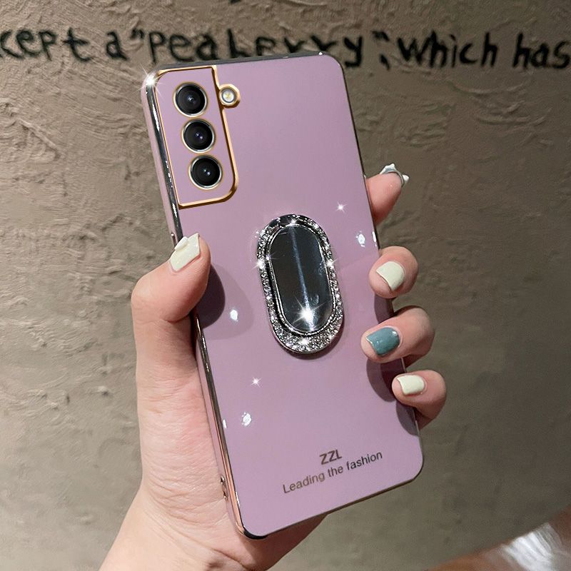 For Samsung Galaxy S21 Back Cover + Rhinestone Ring Holder Stand Shiny Plating Square Bumper Girls Phone Case Soft TPU Silicone Shockproof Protective Cover