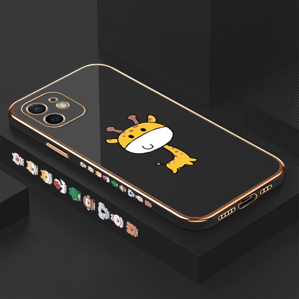 Luxury 6D Plating Case for iPhone 12 Color Cute Giraffe Side Pattern Back Cover Soft Silicone Square Frame Shiny Bling Phone Cases + Free Lanyard