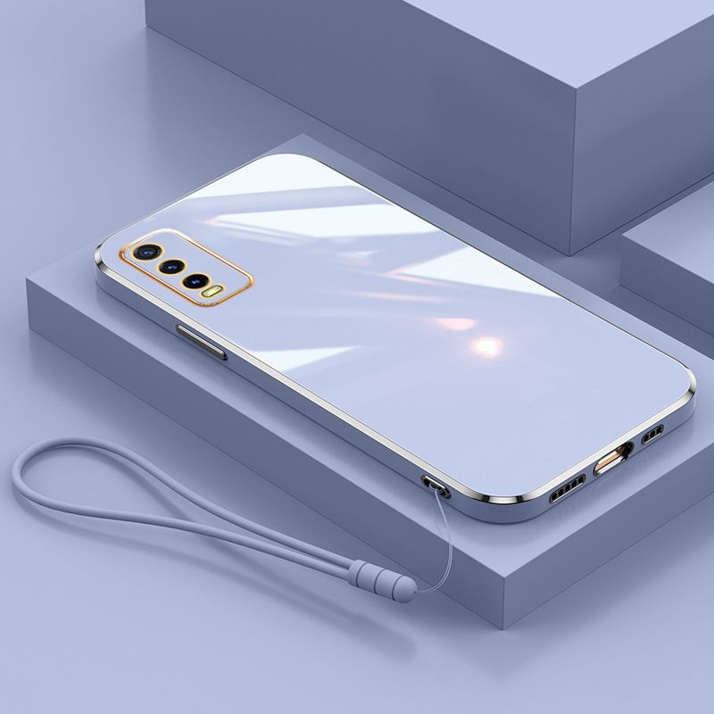 For Vivo Y12S Cover with Wrist Strap Fashion Shiny Plating Square Bumper Girls Phone Case Soft TPU Silicone Shockproof Protective Back Cover