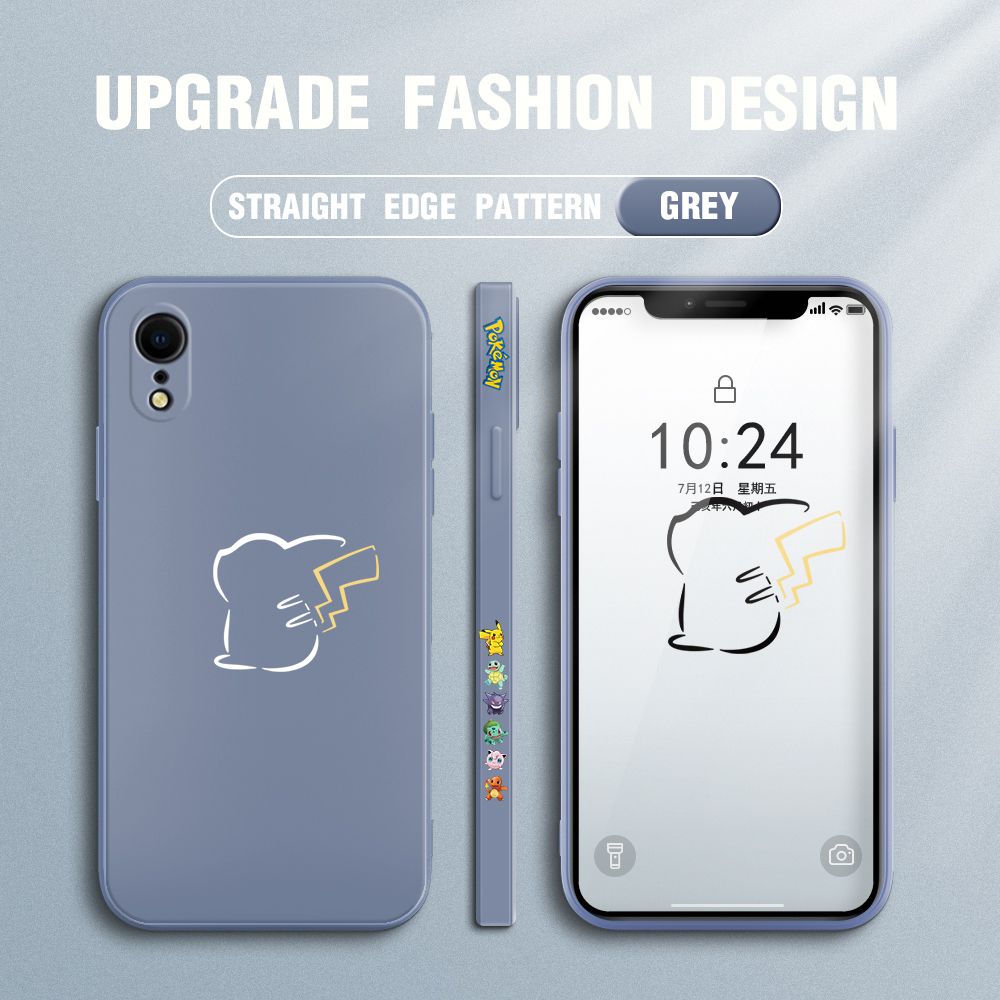 Jizetin for iPhone XR Case New Pikachu Pokémon Design Side Design Phone Case Square Edge Pattern Liquid Silicone Cases Full Cover Camera Soft Protection Case