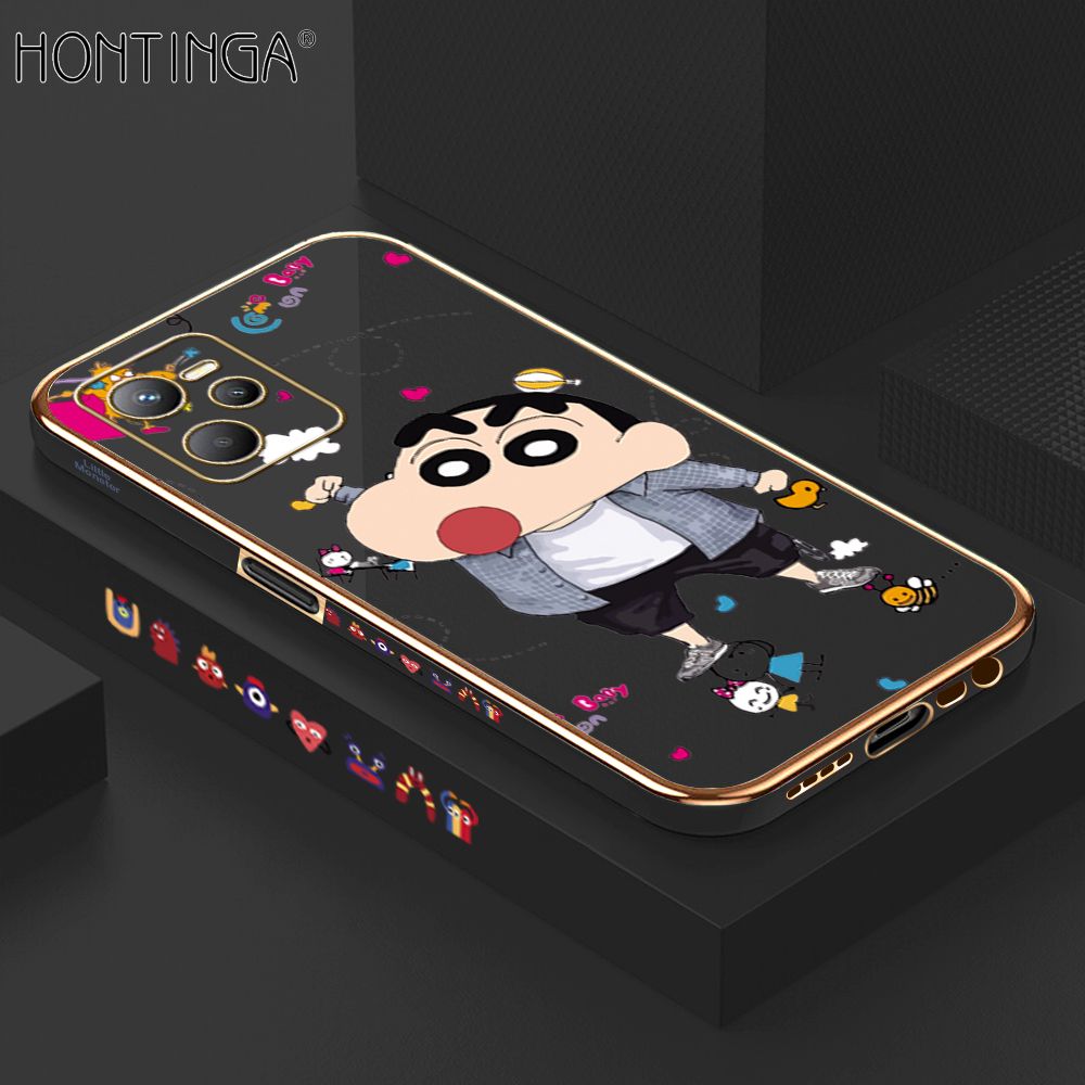 Hontinga for Realme C35 Back Cover + Free Lanyard Luxury 6D Plating Cartoon Crayon Shin-chan Side Pattern Case Soft Silicone Square Phone Cases