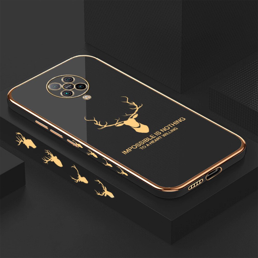 Luxury 6D Plating Case for Xiaomi Poco F2 Pro Alphabet Lucky Deer Side Pattern Back Cover Soft Silicone Square Frame Shiny Bling Phone Cases + Free Lanyard