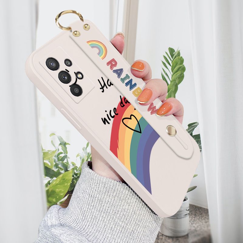 Jizetin for Samsung Galaxy A32 Wrist Strap Case INS Style Smile Rainbow Cover Ultra Thin Anti Fall Liquid Silicone Phone Case