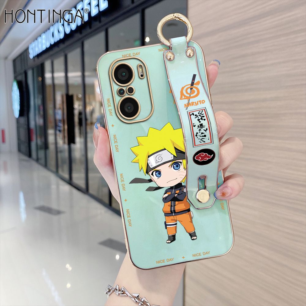 Hontinga for Xiaomi Poco F3 / Mi 11X / Redmi K40 / K40 Pro Back Cover With Wristband Luxury 6D Plating Anime Naruto Uzumaki Case Soft Silicone Square Phone Cases