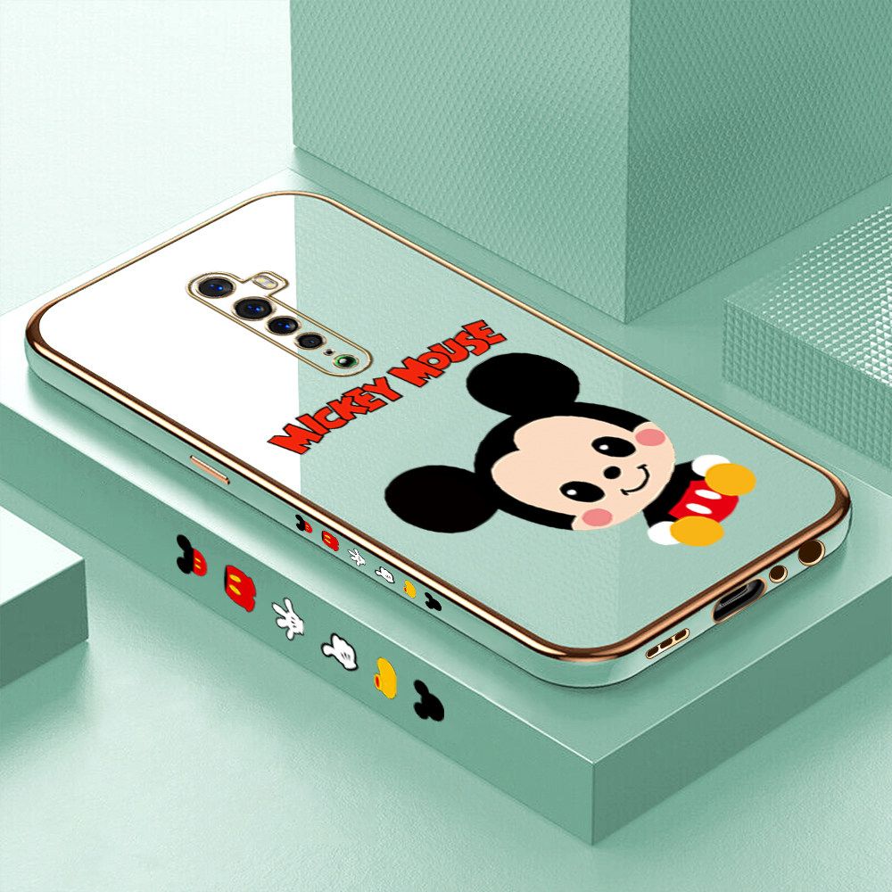 Luxury 6D Plating Case for OPPO Reno 2 Cute Cartoon Mouse Side Pattern Back Cover Soft Silicone Square Frame Shiny Bling Phone Cases + Free Lanyard