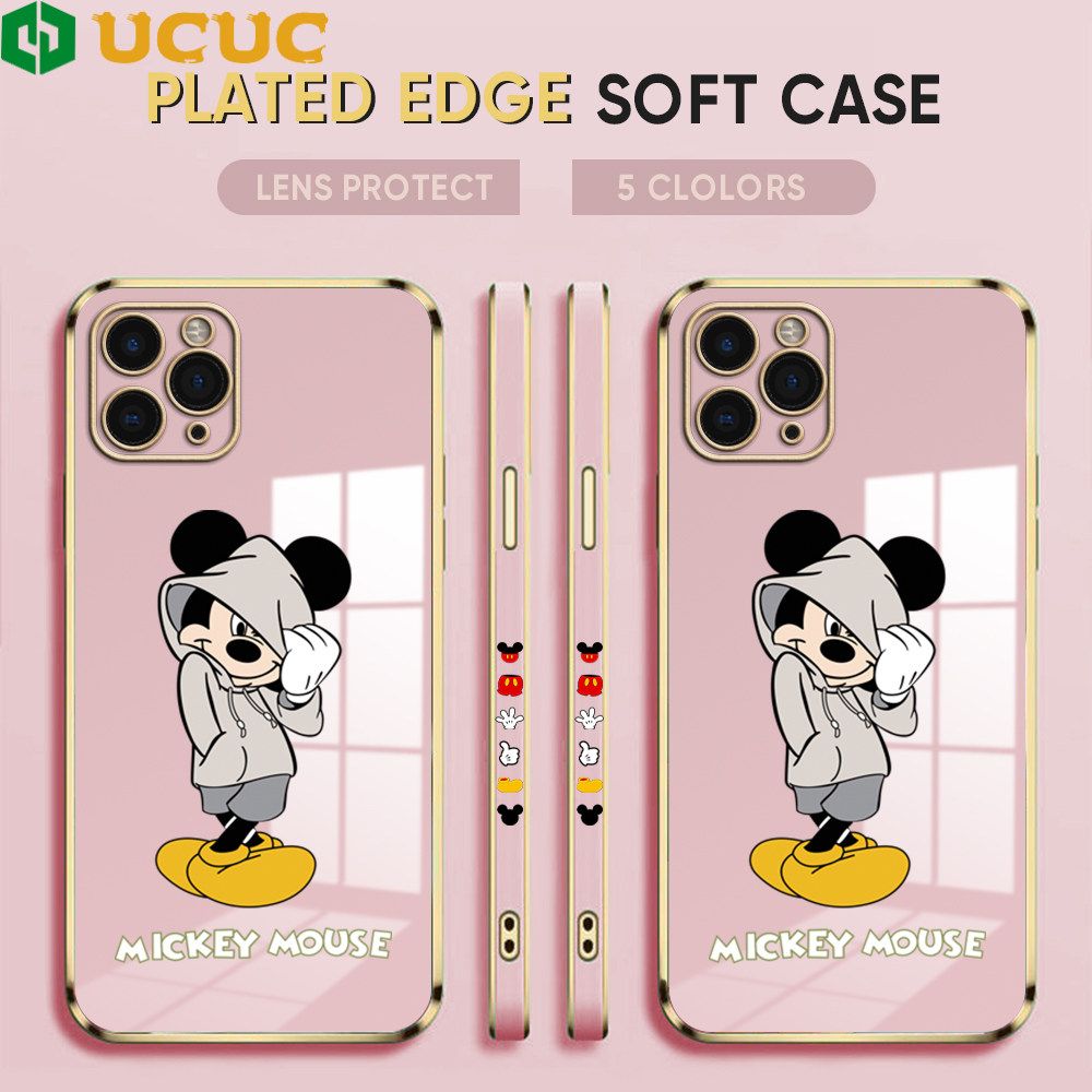 UCUC for iPhone 11 Pro Max Back Cover + Free Lanyard Hoodie Mouse Luxury 6D Plating Case Side Pattern Soft Silicone Square Phone Cases