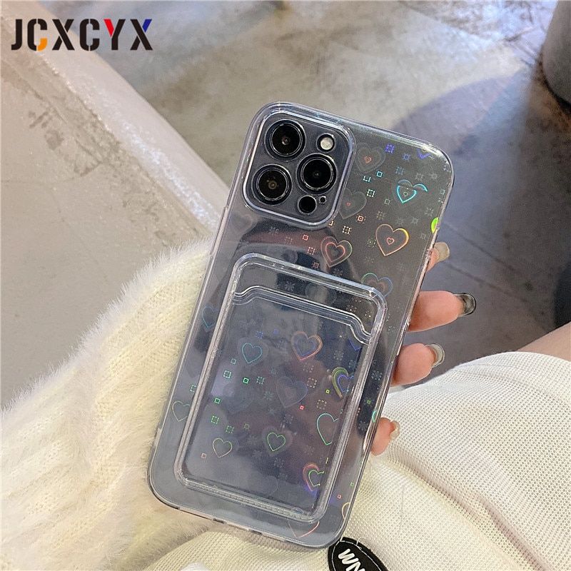 Laser love Gradient Transparent Soft Case For iPhone 13 11 12 Pro Max Mini  X XS XR 7 8 Plus SE 2020 Wallet Card Holder Cover