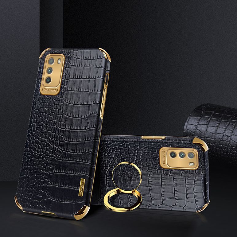 Luxury Plated Crocodile Pattern Leather Holder Phone Case For Xiaomi Poco M3 Magentic Car Ring Stand Cover