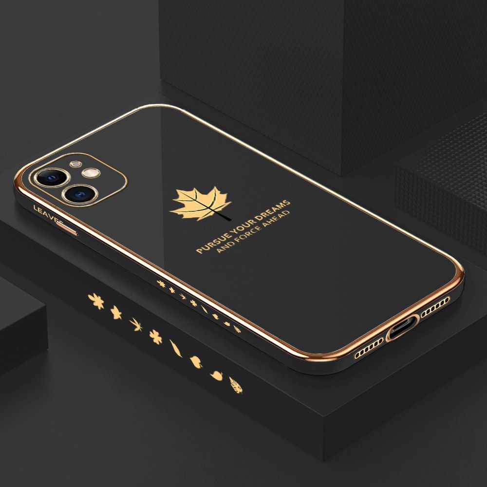Luxury 6D Plating Soft Casing Silicone Square Frame Phone Case For iPhone 11 Case Shiny Bling Back Cover New Maple Leaf Square Edge Pattern Design Soft Case + Free Lanyard