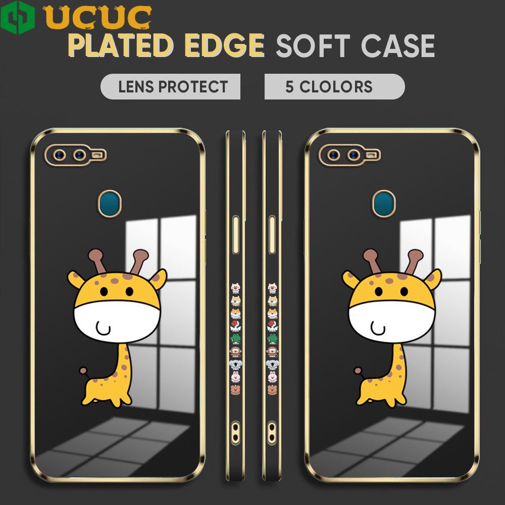 UCUC for OPPO A12S / A12 / A7 / A5S Back Cover + Free Lanyard Big Head Giraffe Luxury 6D Plating Case Side Pattern Soft Silicone Square Phone Cases