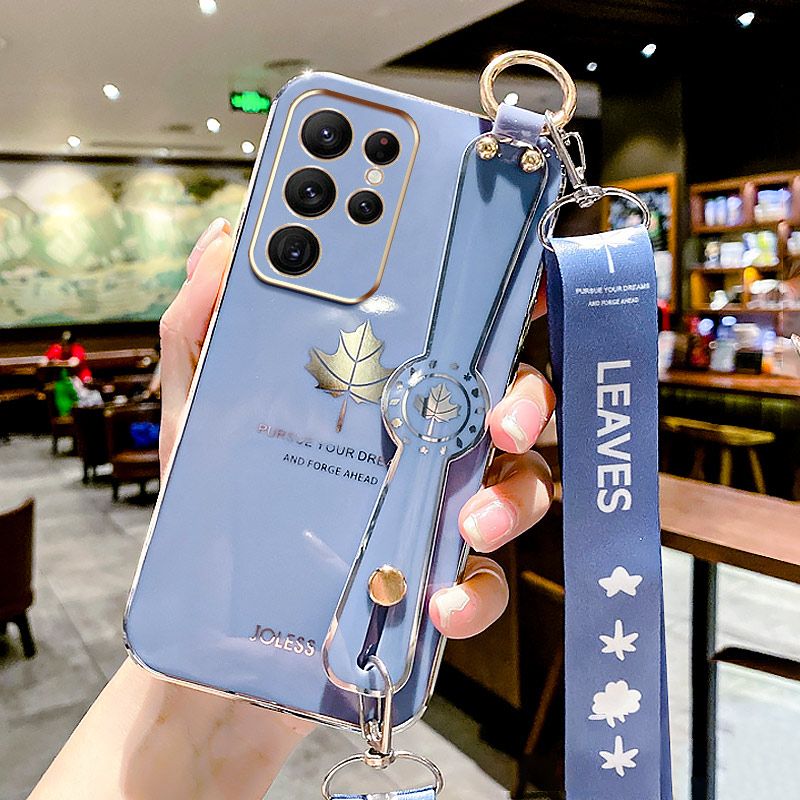 For Samsung Galaxy S22 Ultra Back Cover with Lanyard + Wristband Fashion Shiny Maple Leaf Plating Bumper Stand Holder Case Camera Protection Soft Silicone Mobile Phone Cases