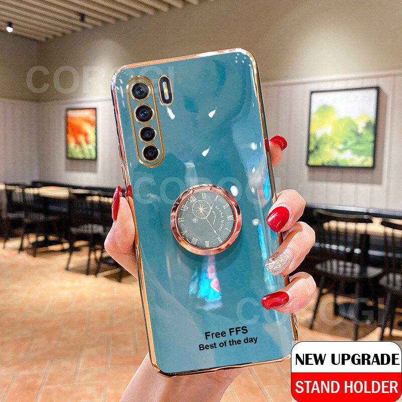 For OPPO F15 Cover + Ring Holder Ultra Thin Shiny Plating Bumper Stand Phone Case Soft TPU Silicone Shockproof Protective Back Cover